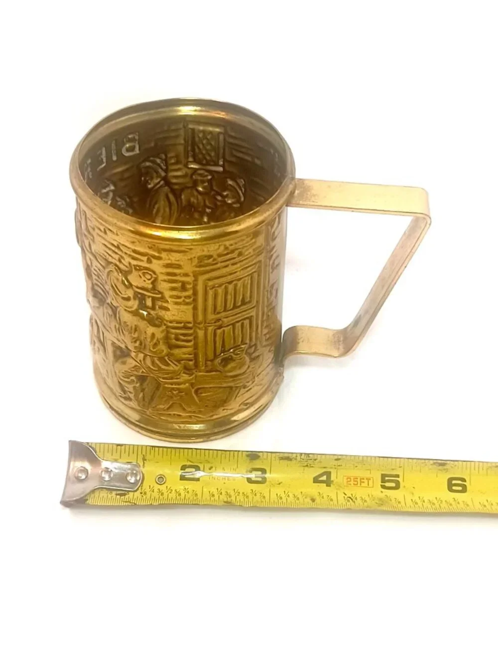 Vtg Brass Beer Mug Decorative Bierpul Cup Embossed Tavern Scene Made in Holland